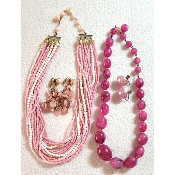Vtg Pink Necklace Clip Screwback Earrings Lot Bead Multi Strand Japan Hong Kong - Picture 1 of 6